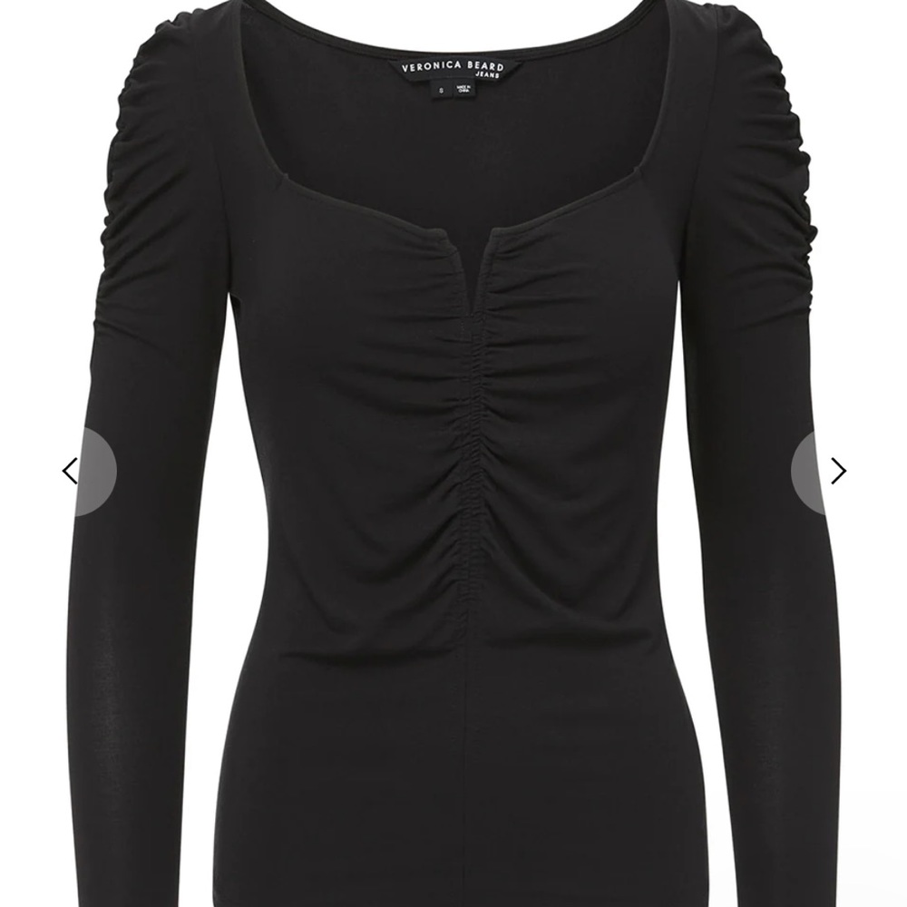 Veronica Beard Black Ruched Long Sleeve Scoop Neck Top